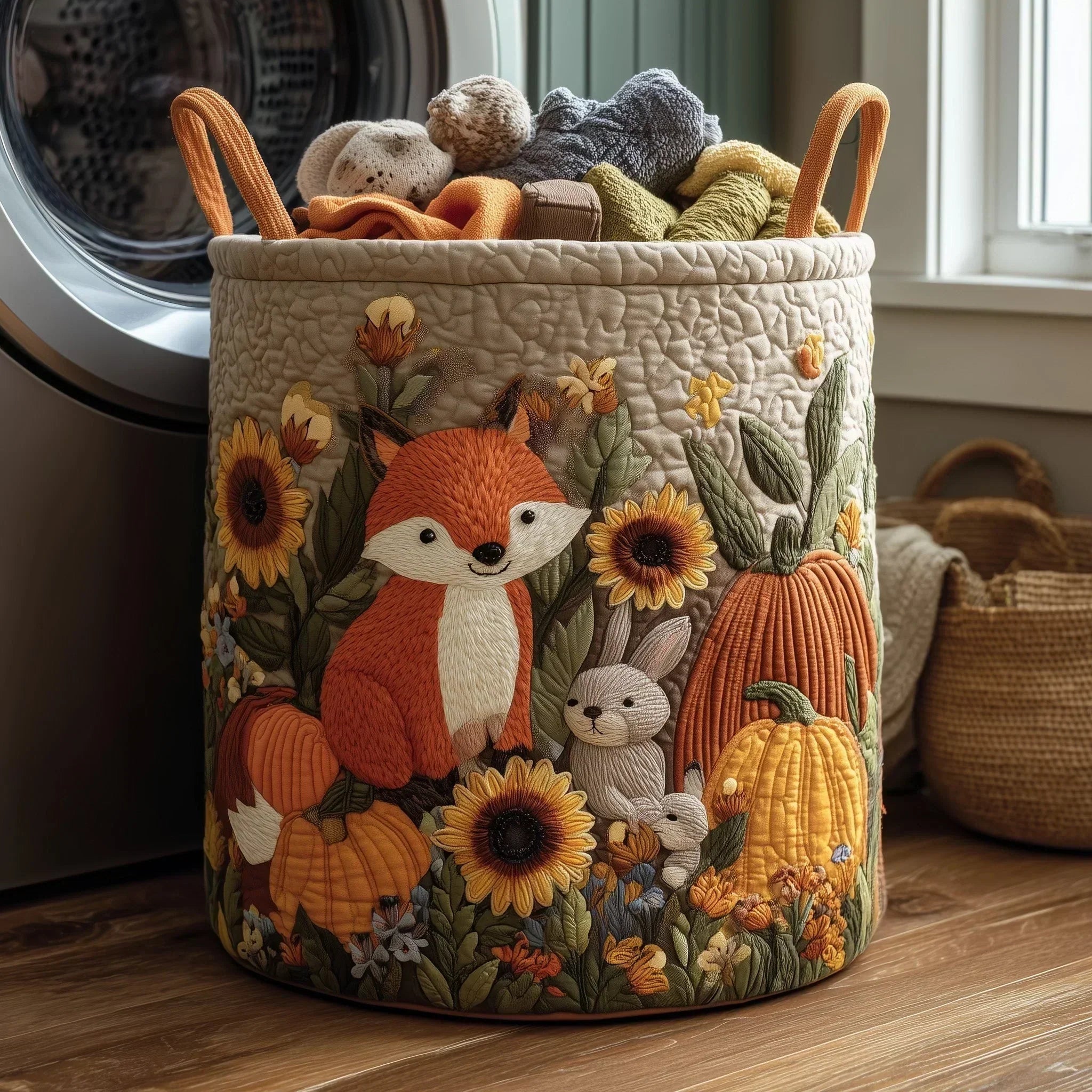 Panier de Rangement Matelassé Coton Écru 46 × 38 cm – Grande Capacité, Poignées Renforcées, Motif Appliqué