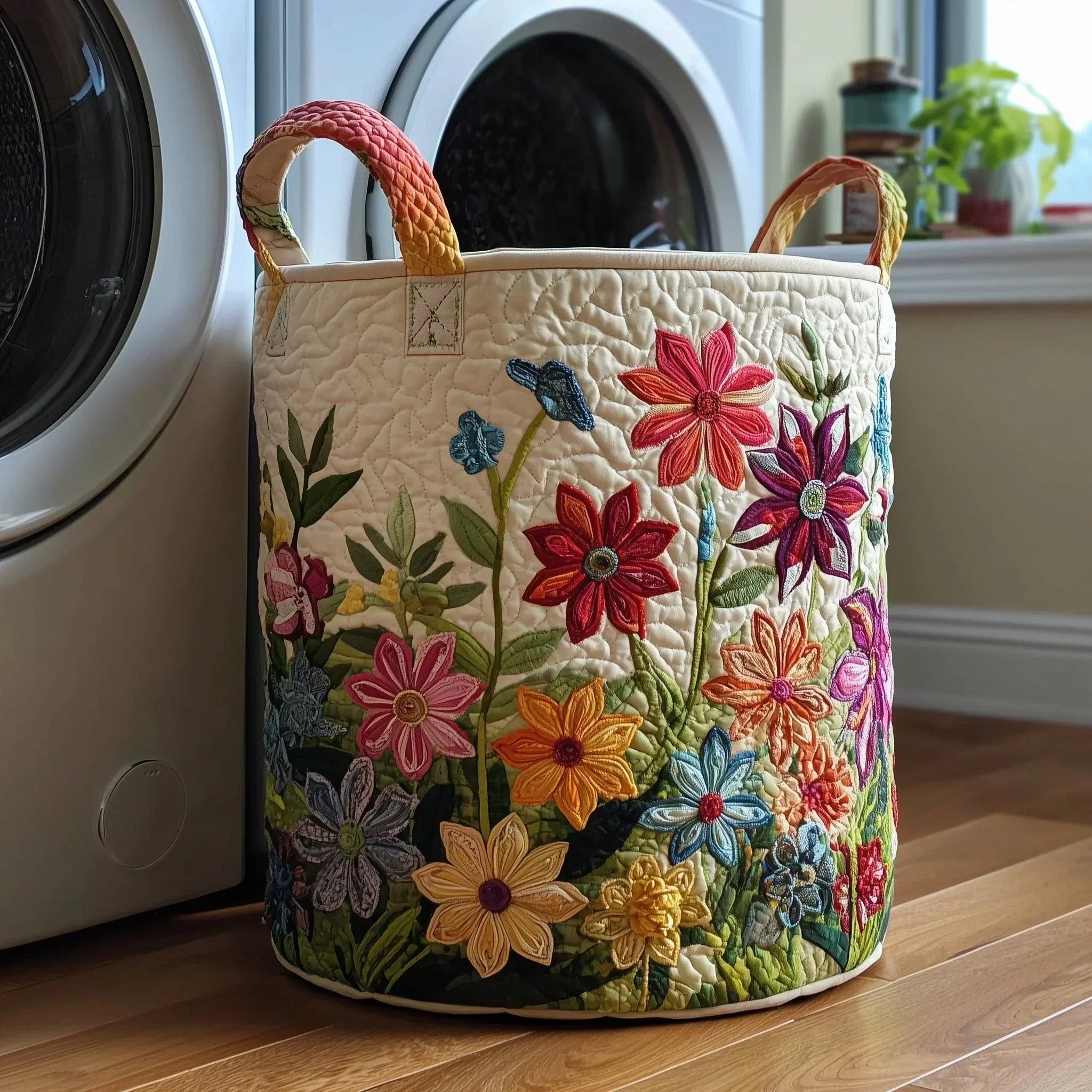 Panier de Rangement Matelassé Coton Écru 46 × 38 cm – Grande Capacité, Poignées Renforcées, Motif Appliqué