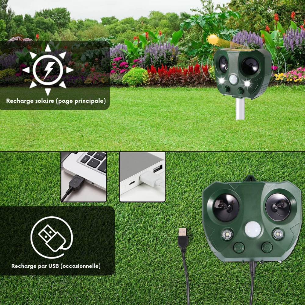 Répulsif à Oiseaux Ultrasonique | Dispositif Solaire avec Capteur de Mouvement pour Jardin