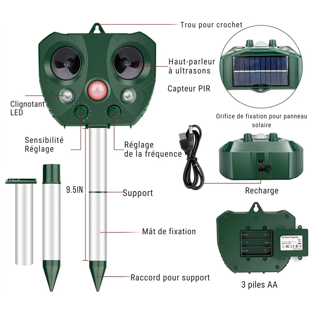 Répulsif à Oiseaux Ultrasonique | Dispositif Solaire avec Capteur de Mouvement pour Jardin