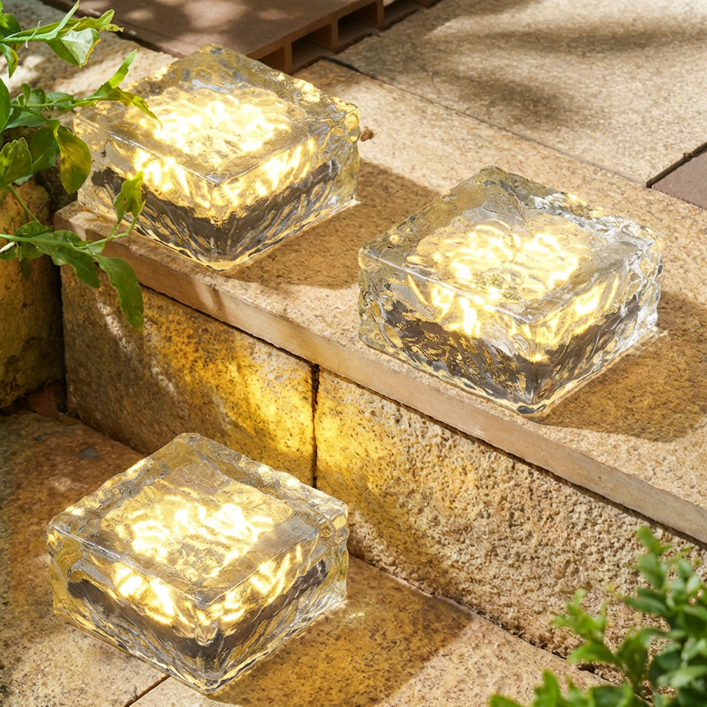 Lampe solaire LED extérieur carré verre effet cristal blanc chaud étanche pour jardin terrasse allée