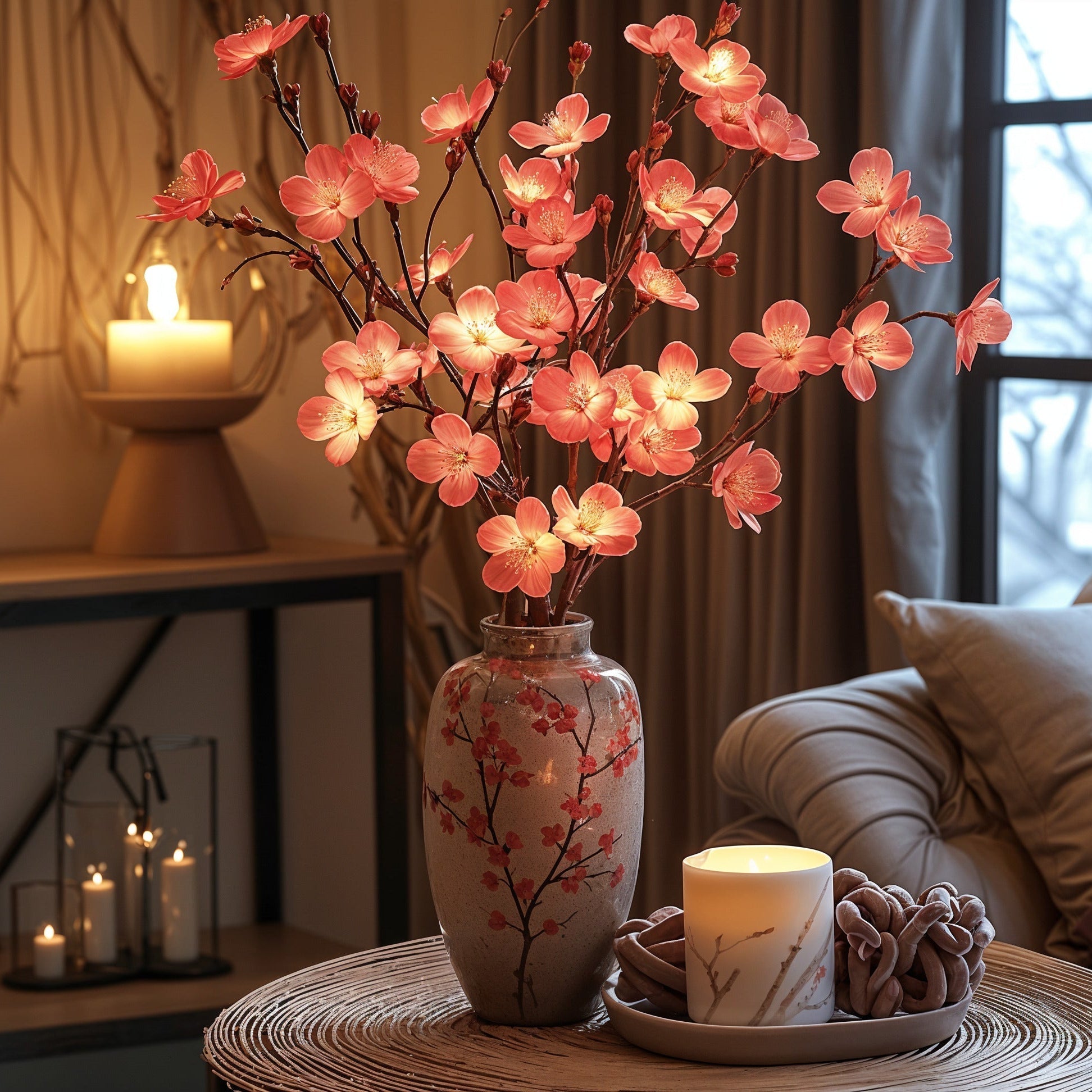 Lampe de décoration LED en branche de fleurs de cerisier lumineuse en rose pour le salon