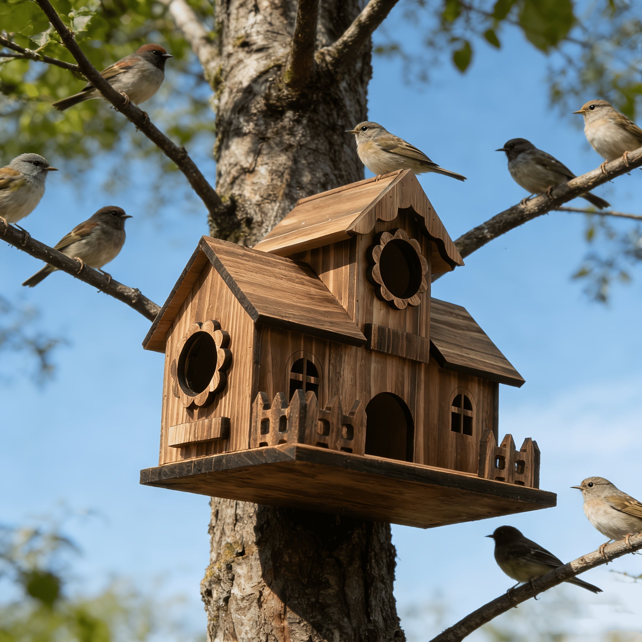 Nichoir à oiseaux | Bois de chêne massif, Entrées multiples 3