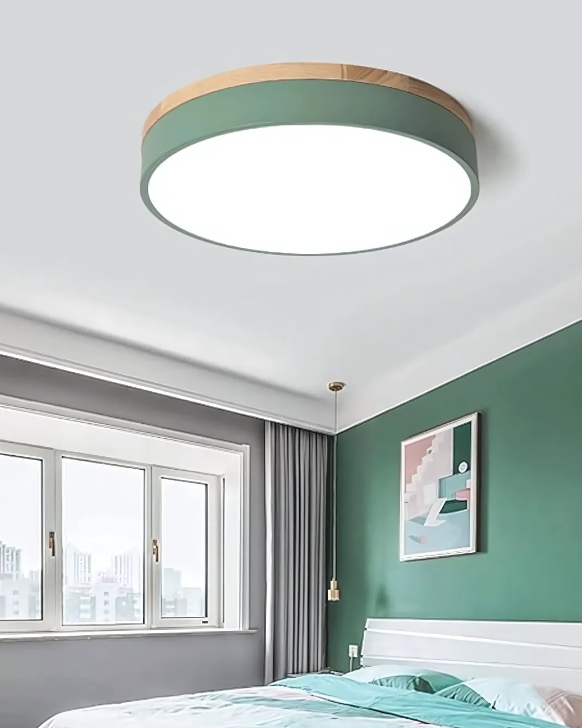 Plafonnier Design | Forme Ronde, Détail En Bois, Ruban Vert 6