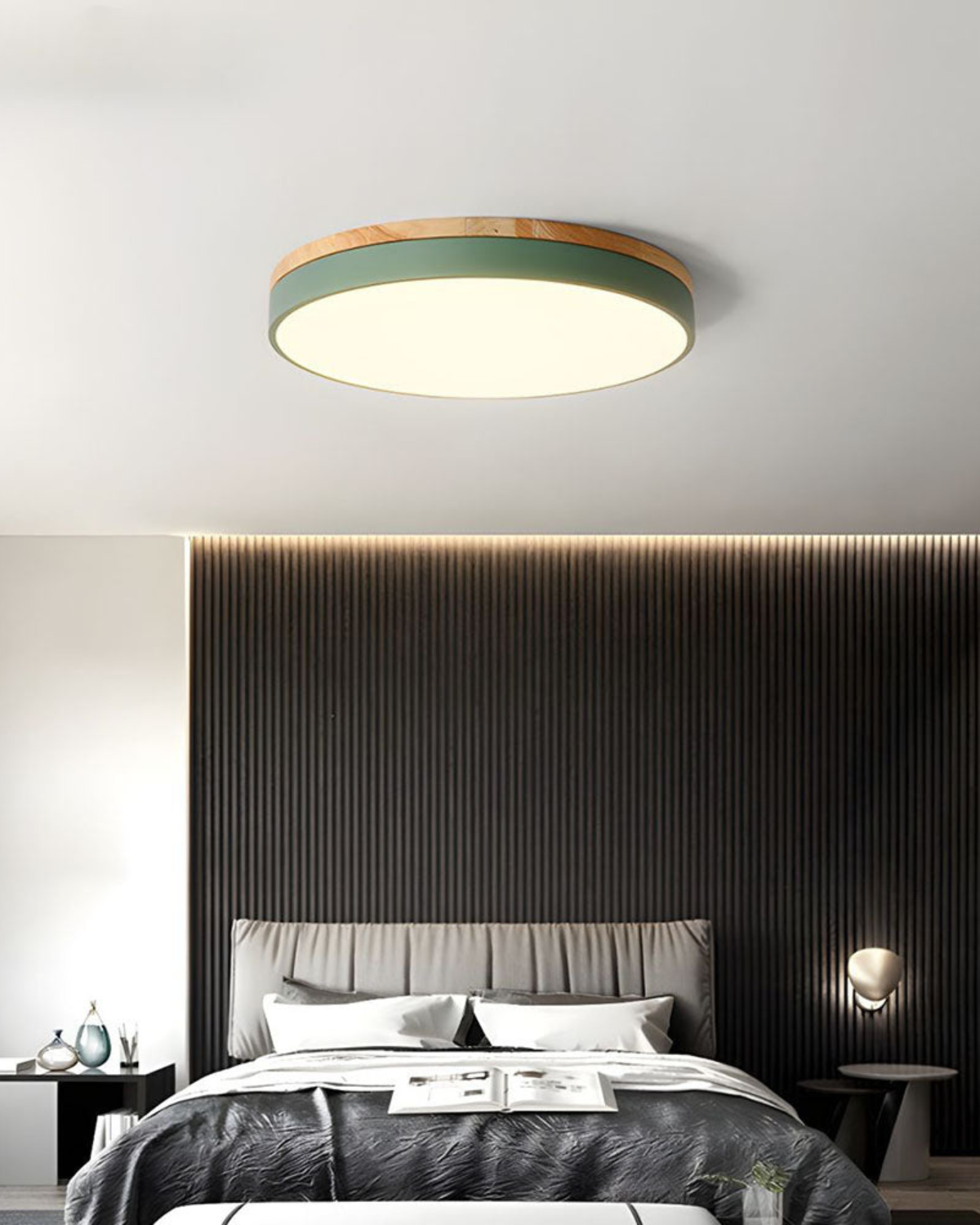 Plafonnier Design | Forme Ronde, Détail En Bois, Ruban Vert 7