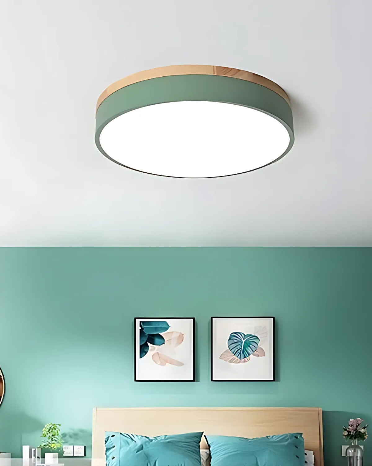 Plafonnier Design | Forme Ronde, Détail En Bois, Ruban Vert 8