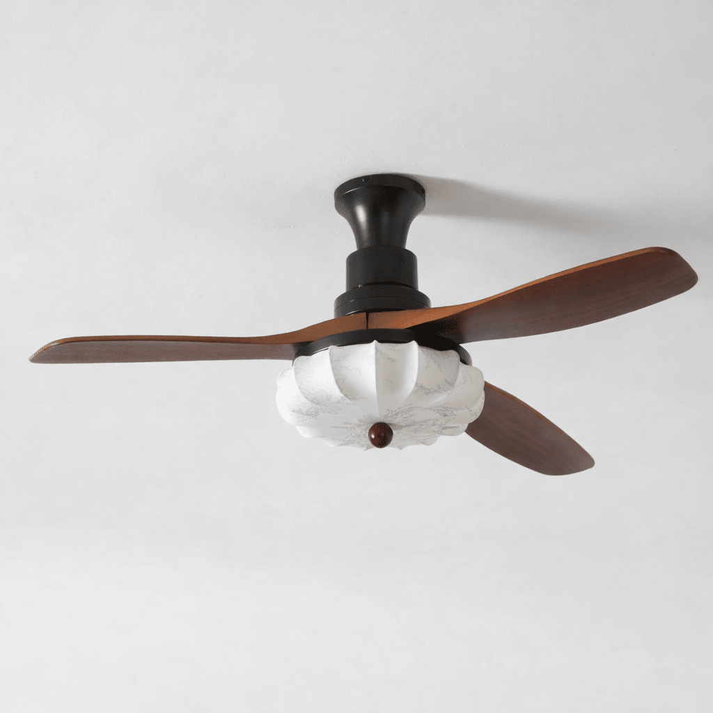 Plafonnier LED | Abat-jour en tissu Lotus, Pales en bois de noyer 11