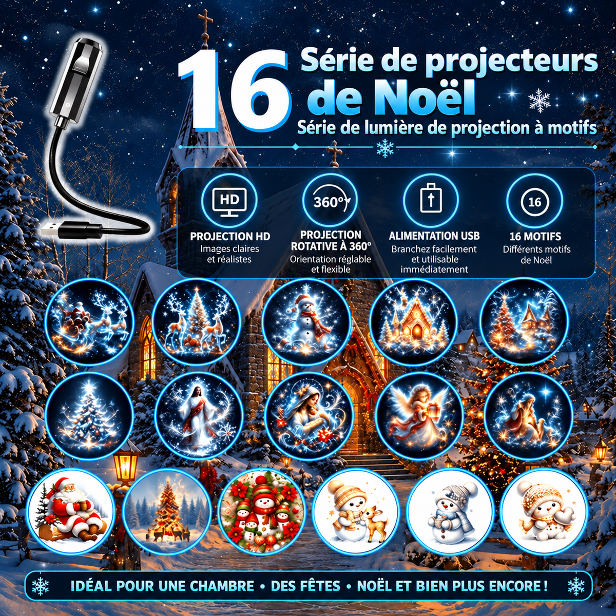 LED-Projektionslampe Weihnachten Kunststoff Bunt – 6 Motive, USB-Betrieb, Tischdeko