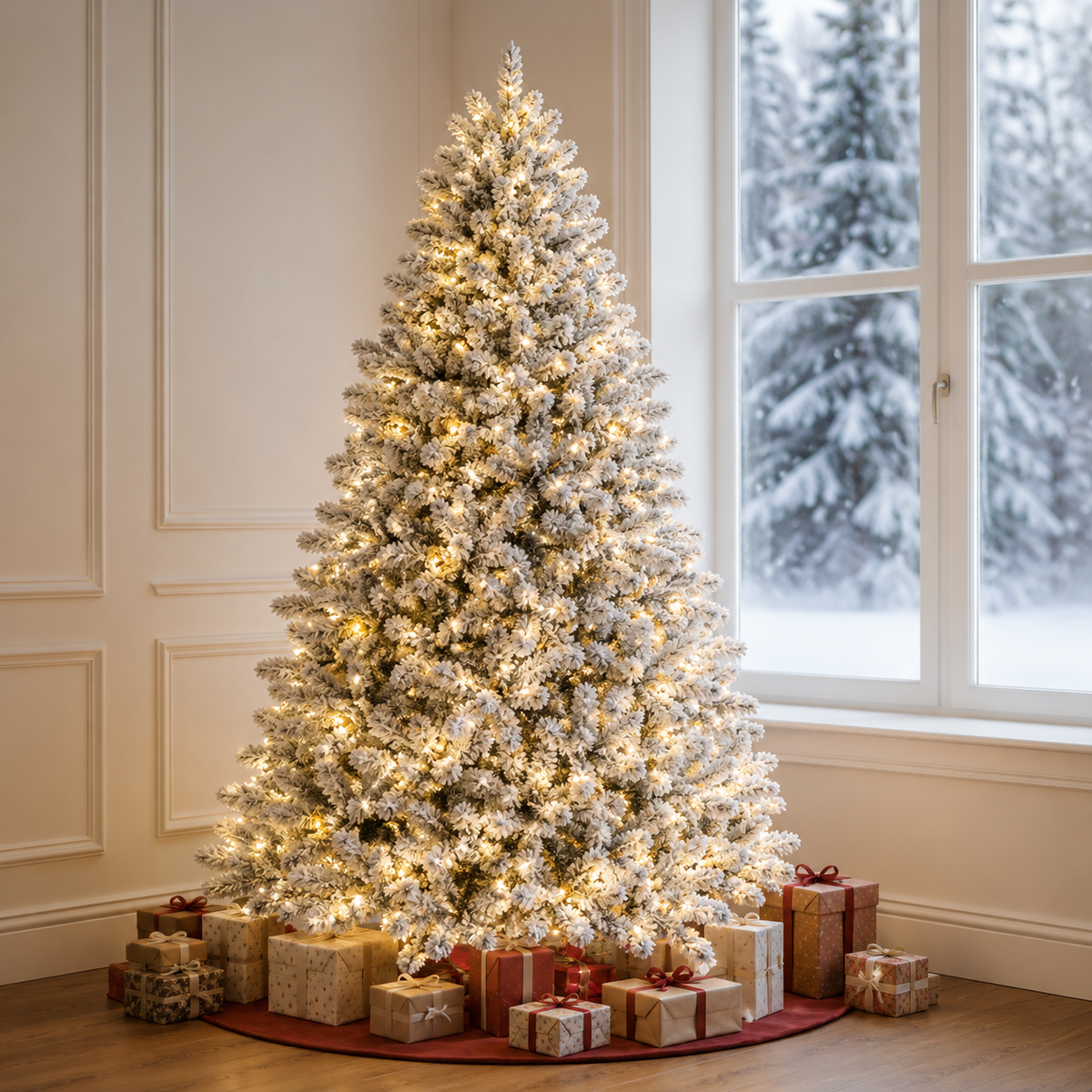 Sapin de Noël Artificiel Enneigé Pré-Éclairé 7 Pieds avec 1100 Pointes PE/PVC et Lumières LED Intégrées 0