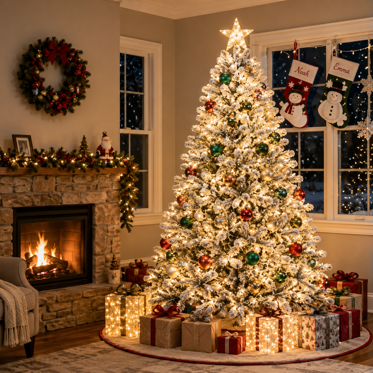 Sapin de Noël Artificiel Enneigé Pré-Éclairé 7 Pieds avec 1100 Pointes PE/PVC et Lumières LED Intégrées 1