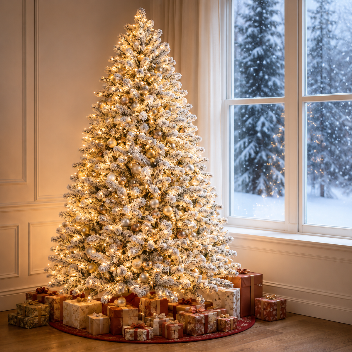 Sapin de Noël Artificiel Enneigé Pré-Éclairé 7 Pieds avec 1100 Pointes PE/PVC et Lumières LED Intégrées 5