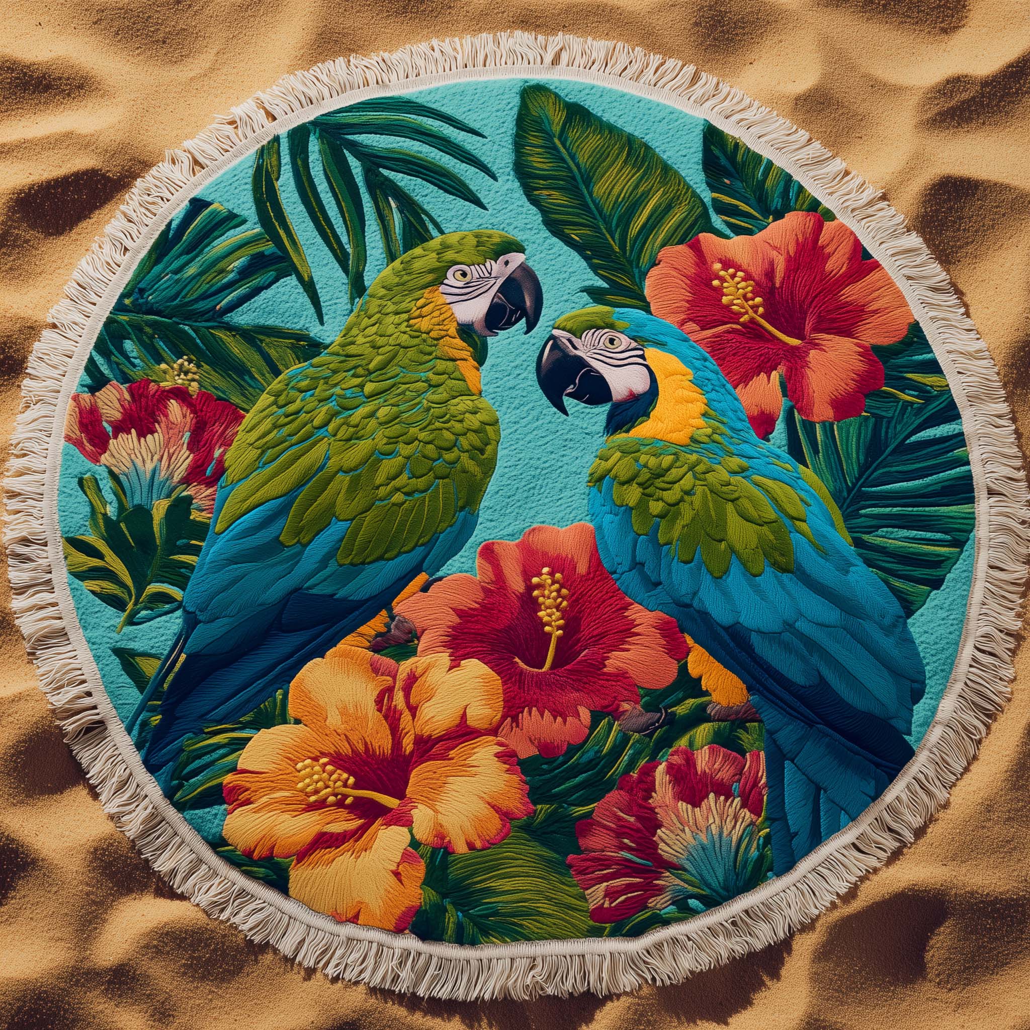 Serviette De Plage Ronde | Motif Perroquets Tropicaux, Tissu Éponge Absorbant 0