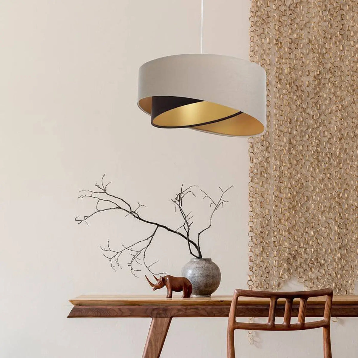Suspension Tissu Beige | Double Abat-Jour, Intérieur Doré 0