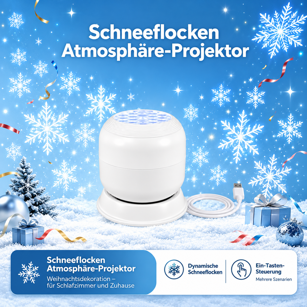 Projecteur LED Flocon de Neige Moderne – Rotation à 360°, USB, Lumière Douce