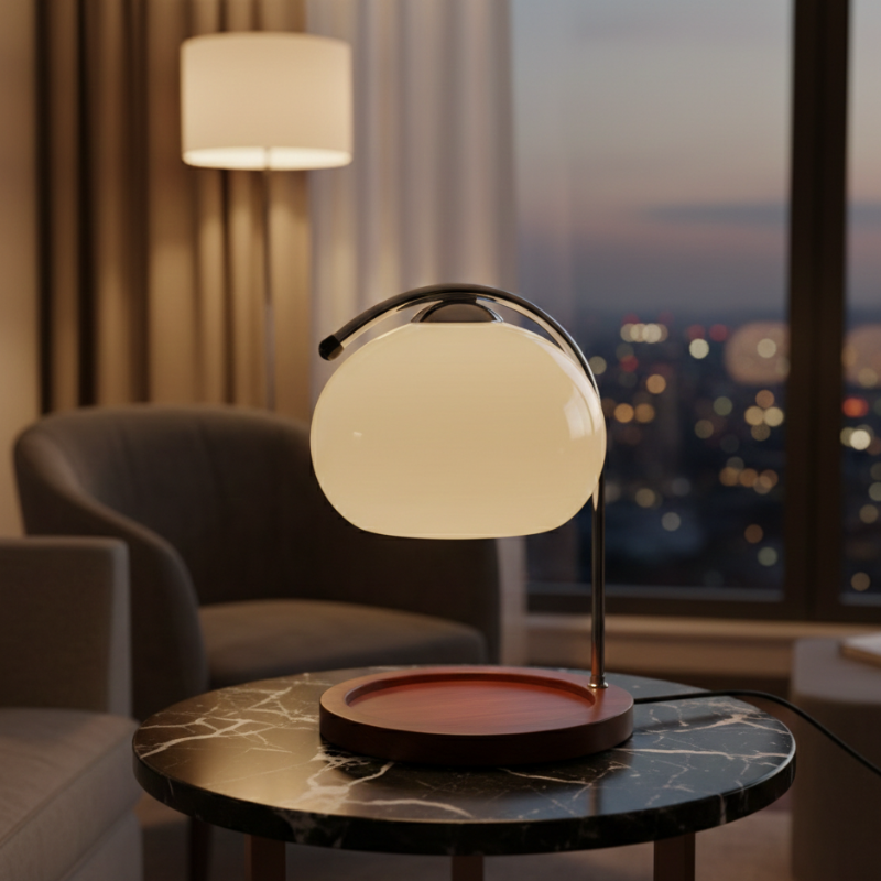 Lampe de table vintage verre opalin base bois design rétro éclairage salon chambre bureau