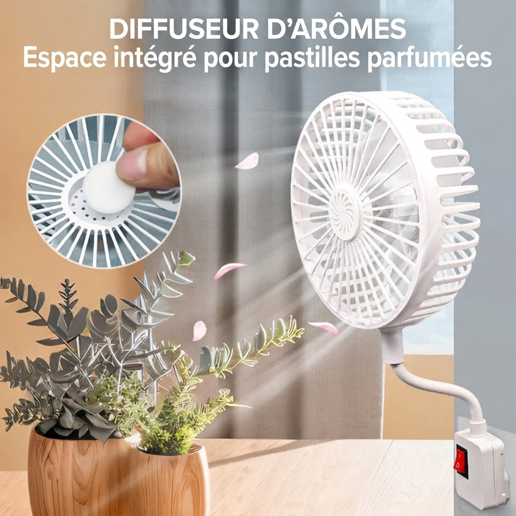 Ventilateur flexible enfichable 220V silencieux 36dB – Mini ventilateur de bureau 360° – Diffuseur parfum