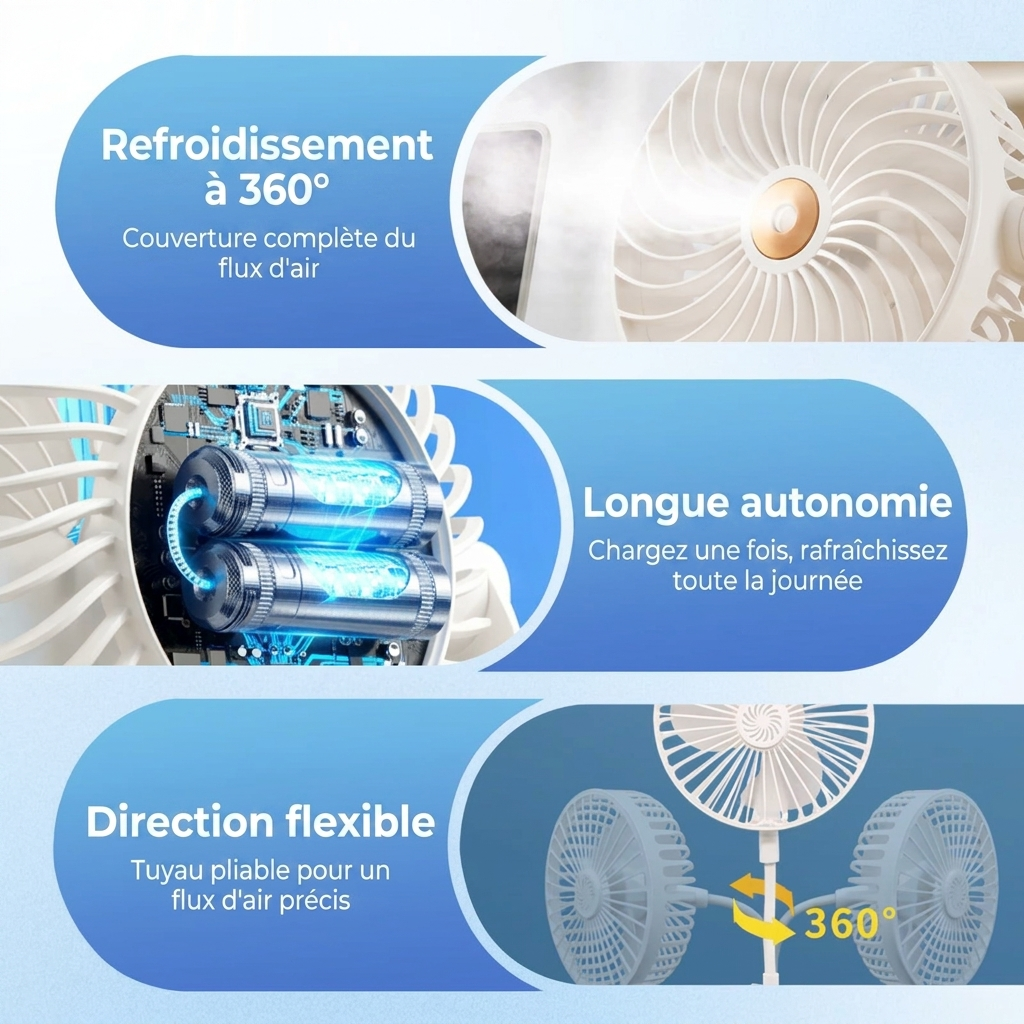 Ventilateur flexible enfichable 220V silencieux 36dB – Mini ventilateur de bureau 360° – Diffuseur parfum