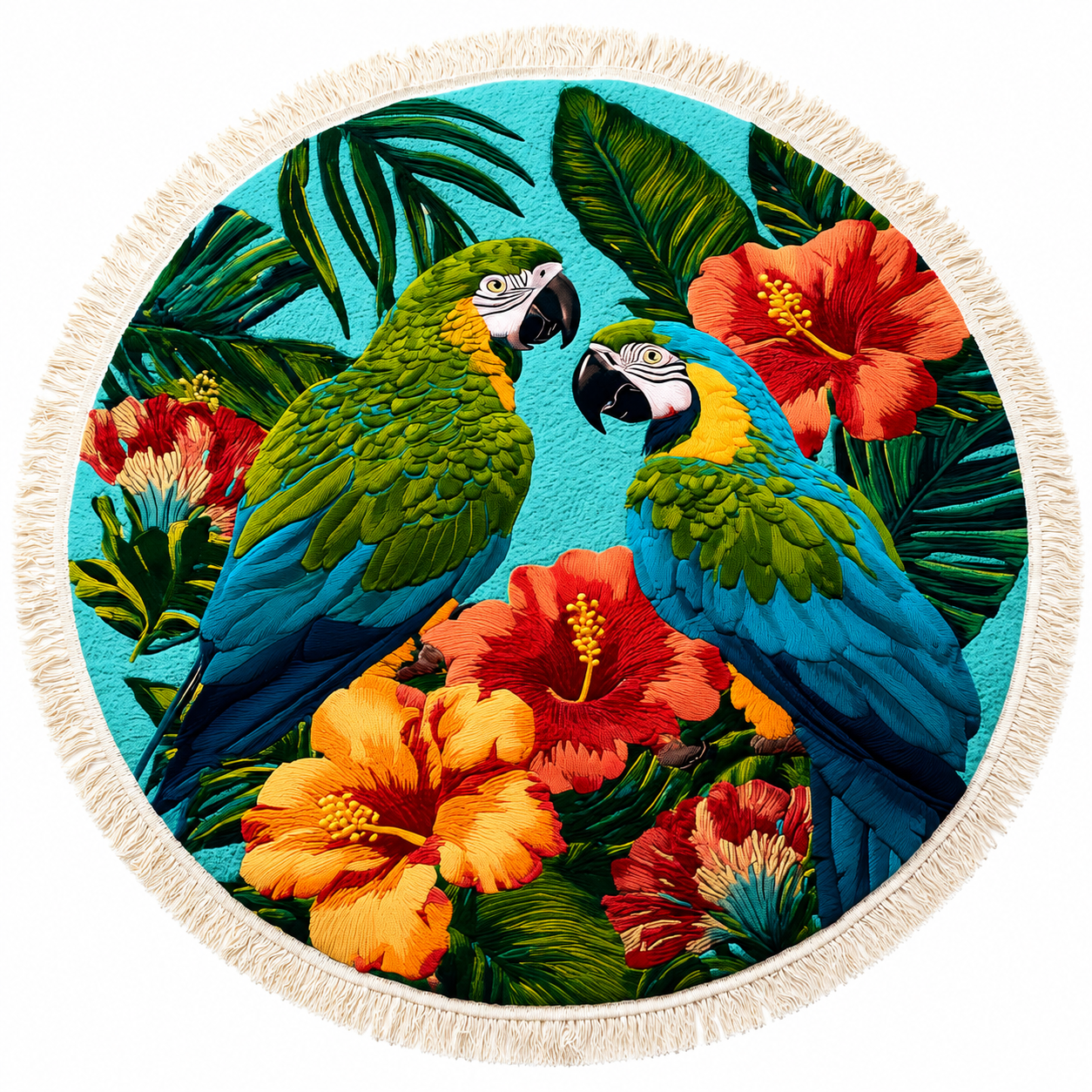 Serviette de Plage Ronde Motif Perroquets Éponge Multicolore Ø150 cm – Séchage Rapide, Grande Surface, Multiusage