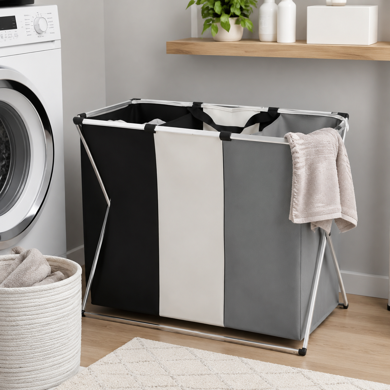 Panier à Linge Aluminium Blanc Gris Noir 3 Compartiments – Pliable, Tri Séparé, Organisation Facile