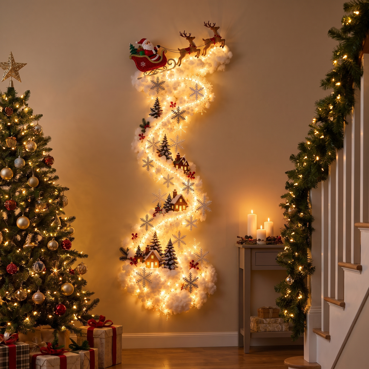 Applique murale LED 3D de Noël avec traîneau du Père Noël et traînée lumineuse