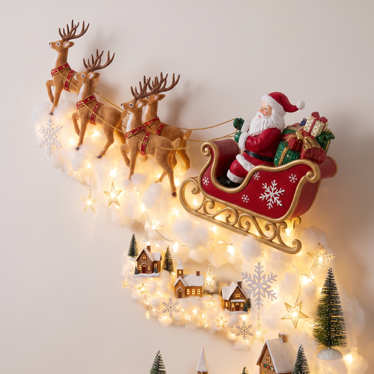 Applique murale LED 3D de Noël avec traîneau du Père Noël et traînée lumineuse