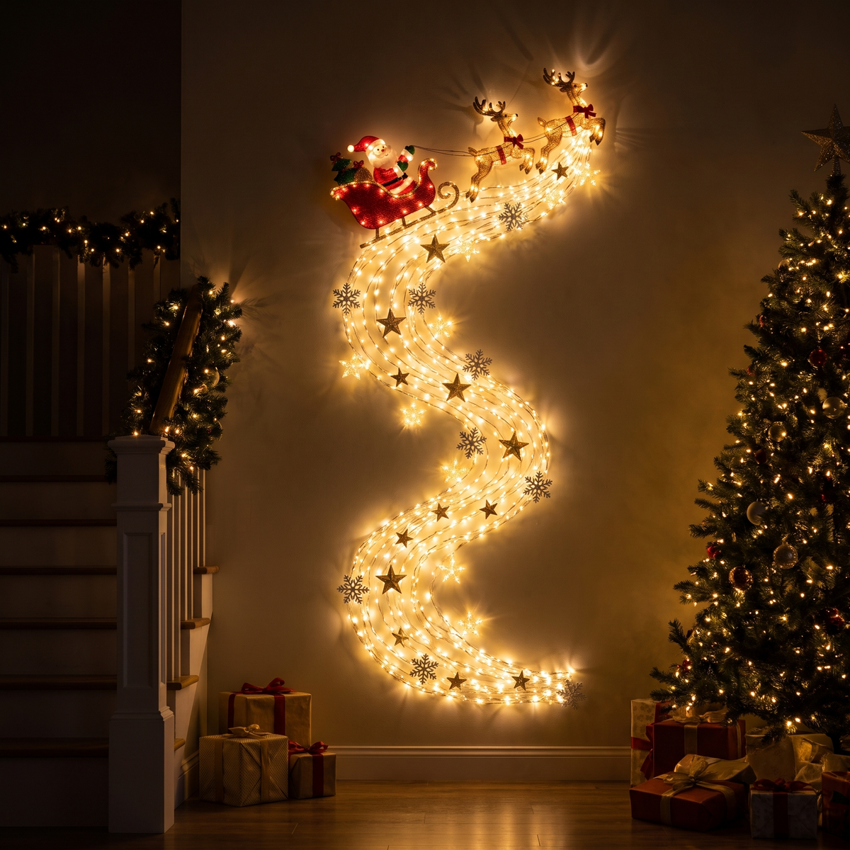 Applique murale LED 3D de Noël avec traîneau du Père Noël et traînée lumineuse