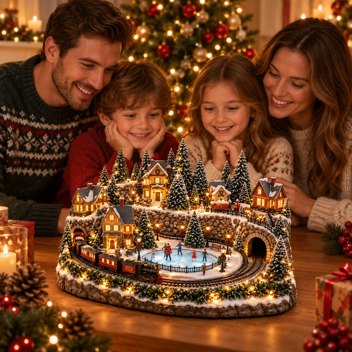 Village de Noël avec train animé et patinoire – Scène d’hiver lumineuse LED avec musique