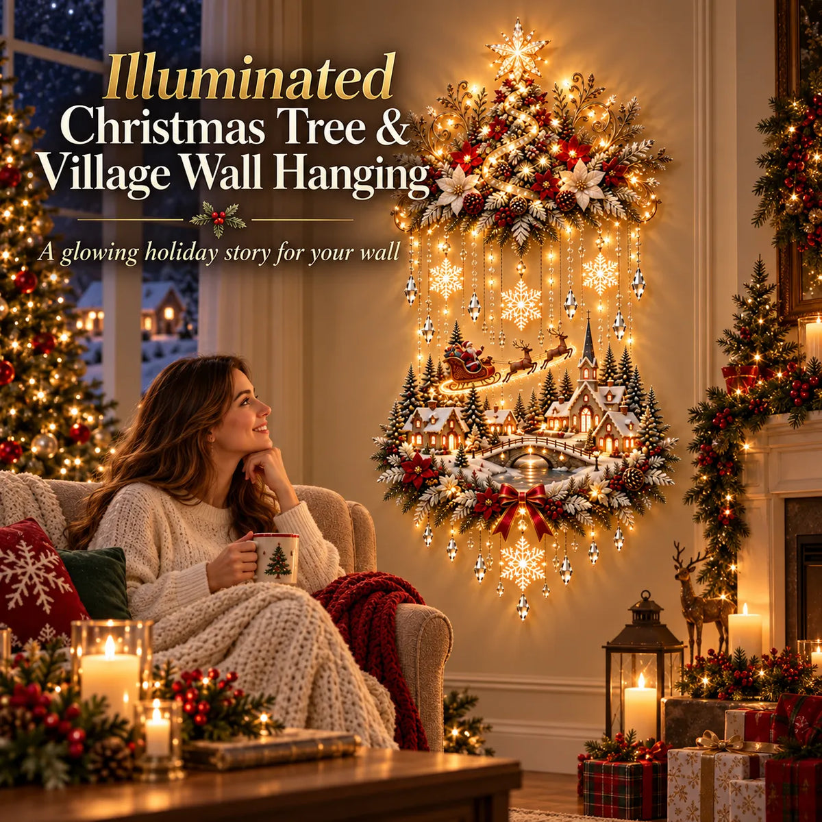 Sapin de Noël lumineux avec village – Décoration murale à cascade de lumières, 80 cm