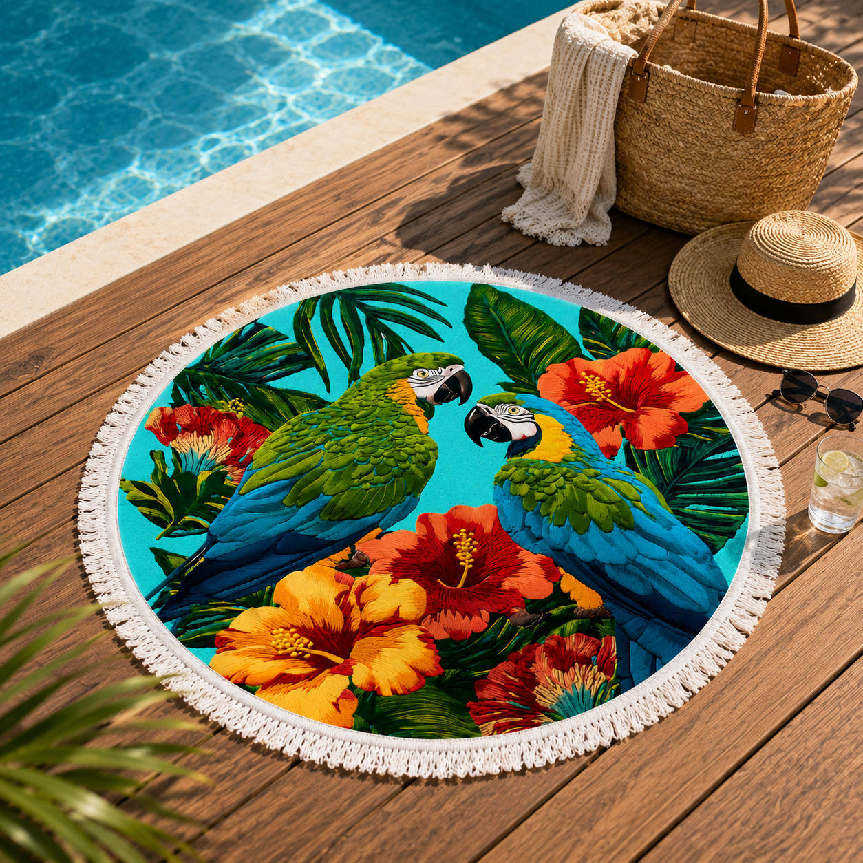 Serviette de Plage Ronde Motif Perroquets Éponge Multicolore Ø150 cm – Séchage Rapide, Grande Surface, Multiusage