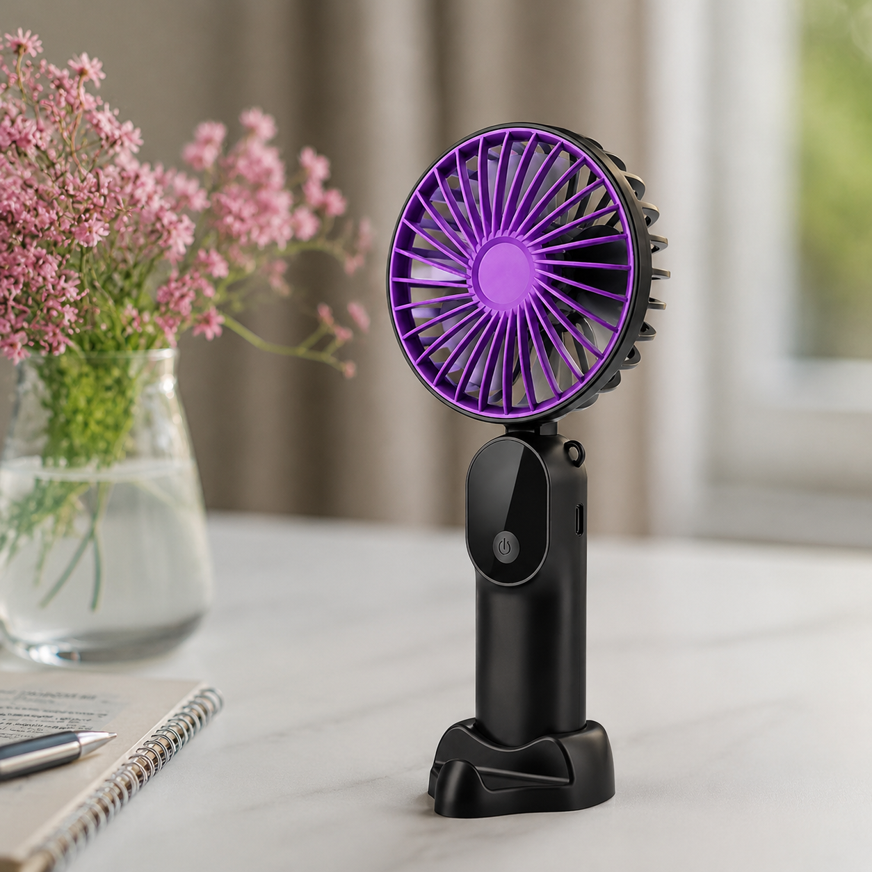 Ventilateur Portable Pliable ABS Blanc 18 cm – 6 Vitesses, Rechargeable USB, Support Intégré
