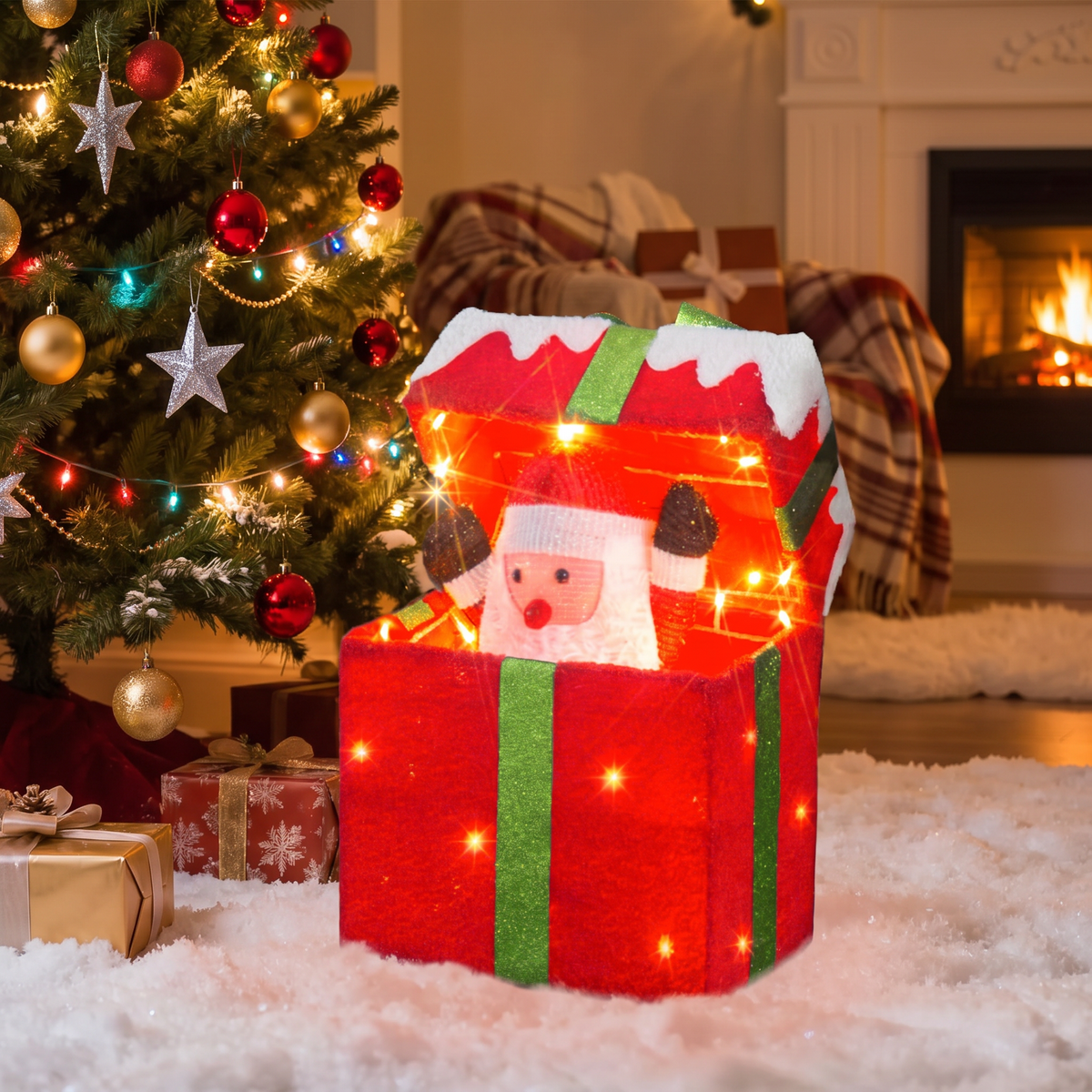 Boîte cadeau Père Noël qui s'ouvre toute seule, lumineuse avec musique et détecteur de mouvement