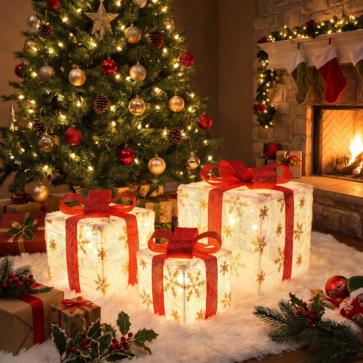 Boîtes cadeaux lumineuses LED, lot de 3 avec minuteur et télécommande, déco de Noël intérieur et extérieur