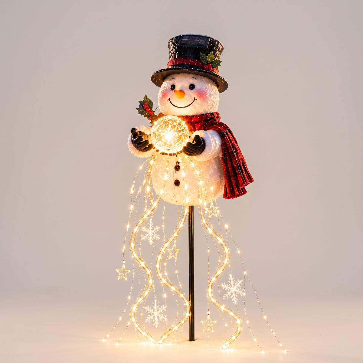 Bonhomme de neige solaire lumineux 90 cm avec fils LED, lampe de jardin et déco de Noël extérieure