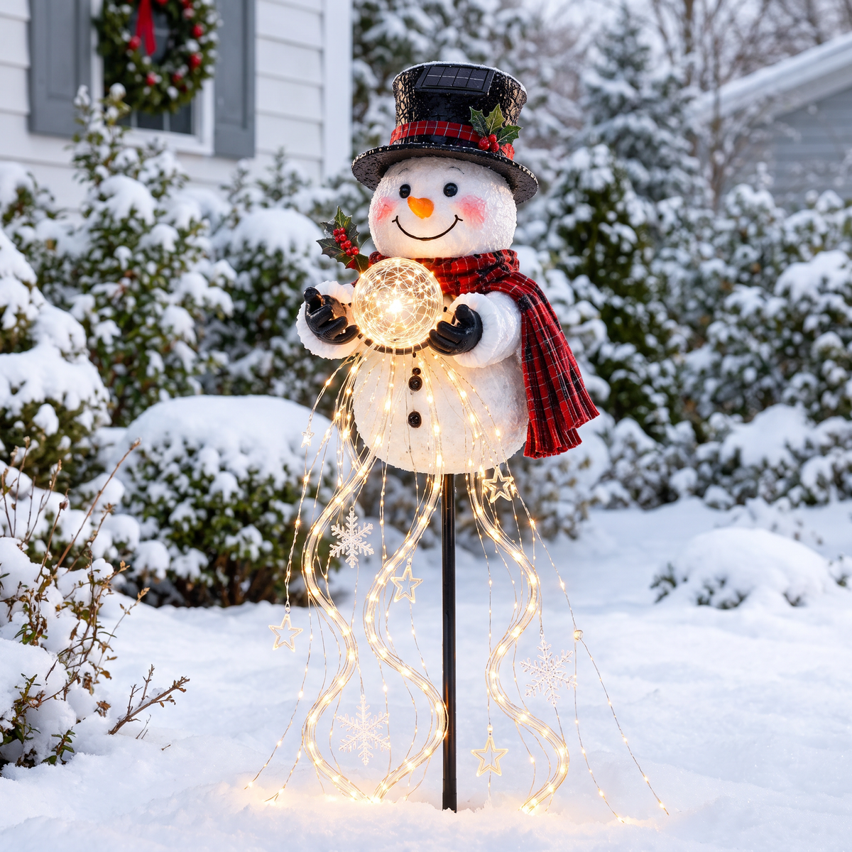 Bonhomme de neige solaire lumineux 90 cm avec fils LED, lampe de jardin et déco de Noël extérieure