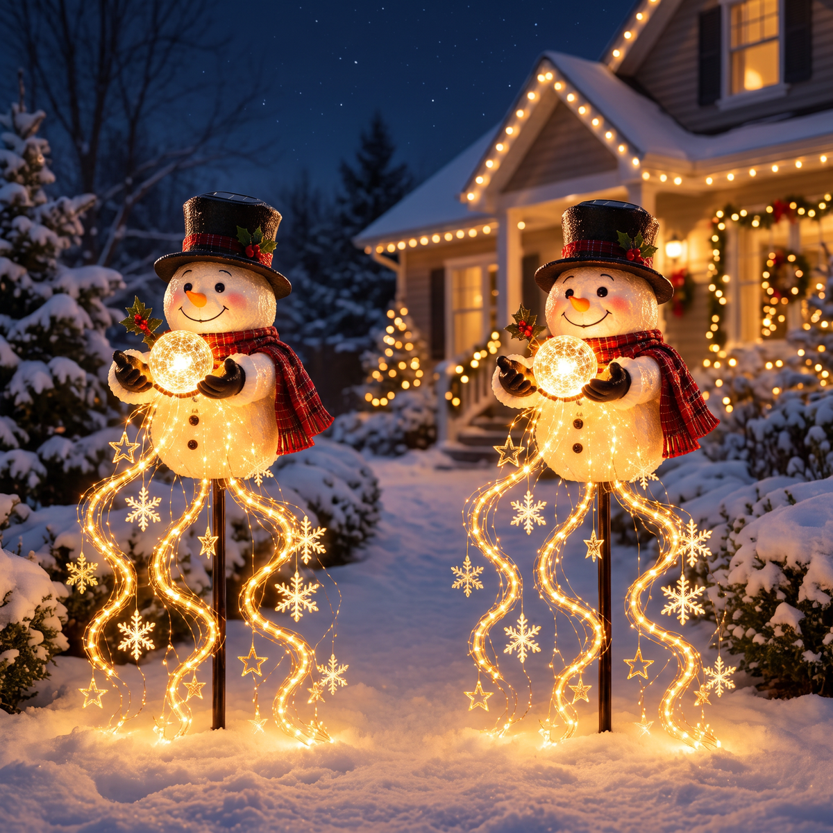 Bonhomme de neige solaire lumineux 90 cm avec fils LED, lampe de jardin et déco de Noël extérieure