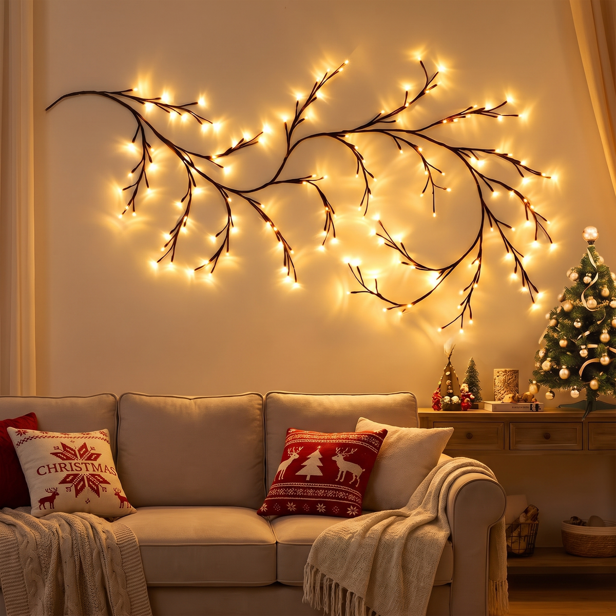 Branche lumineuse LED en saule 2,3 m, 144 LED blanc chaud, décoration murale flexible