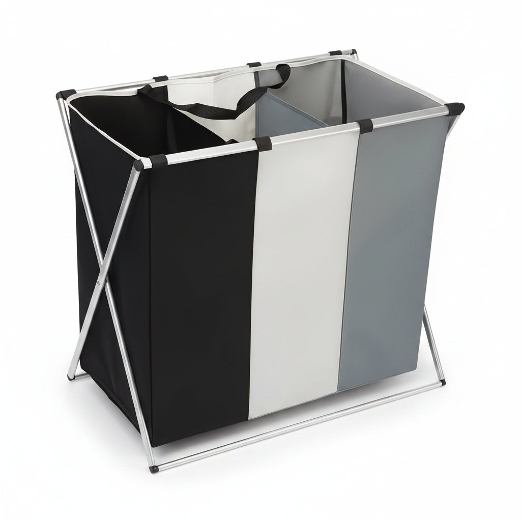 Panier à Linge Aluminium Blanc Gris Noir 3 Compartiments – Pliable, Tri Séparé, Organisation Facile