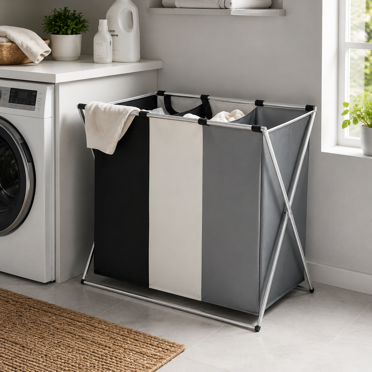 Panier à Linge Aluminium Blanc Gris Noir 3 Compartiments – Pliable, Tri Séparé, Organisation Facile