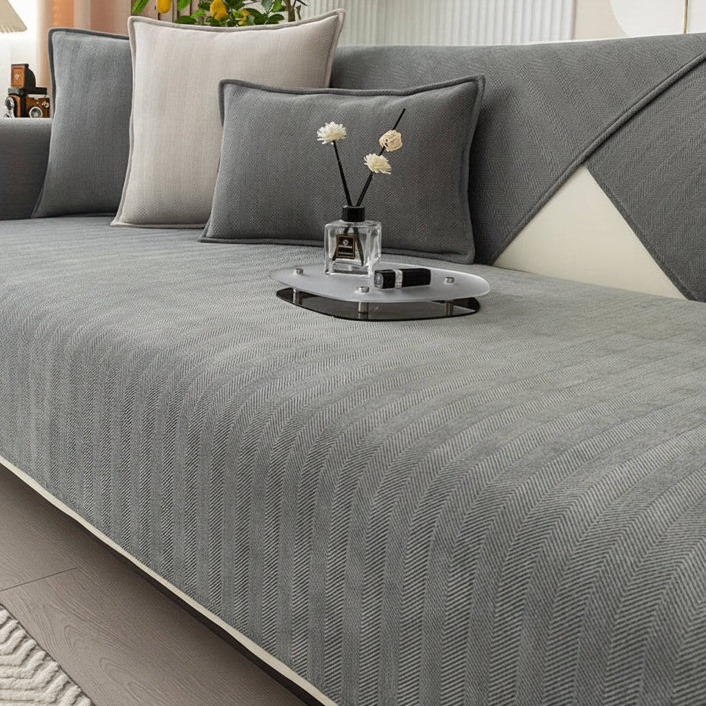 Housse de Canapé Chenille Beige – Extensible, Antidérapante, Lavable