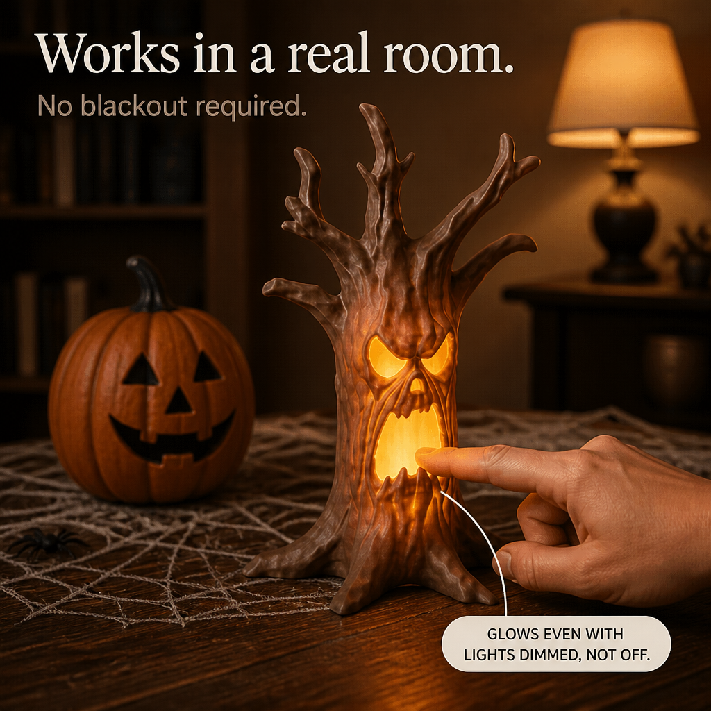 Hollowyn – Tronc d'arbre avec visage sculpté lumineux