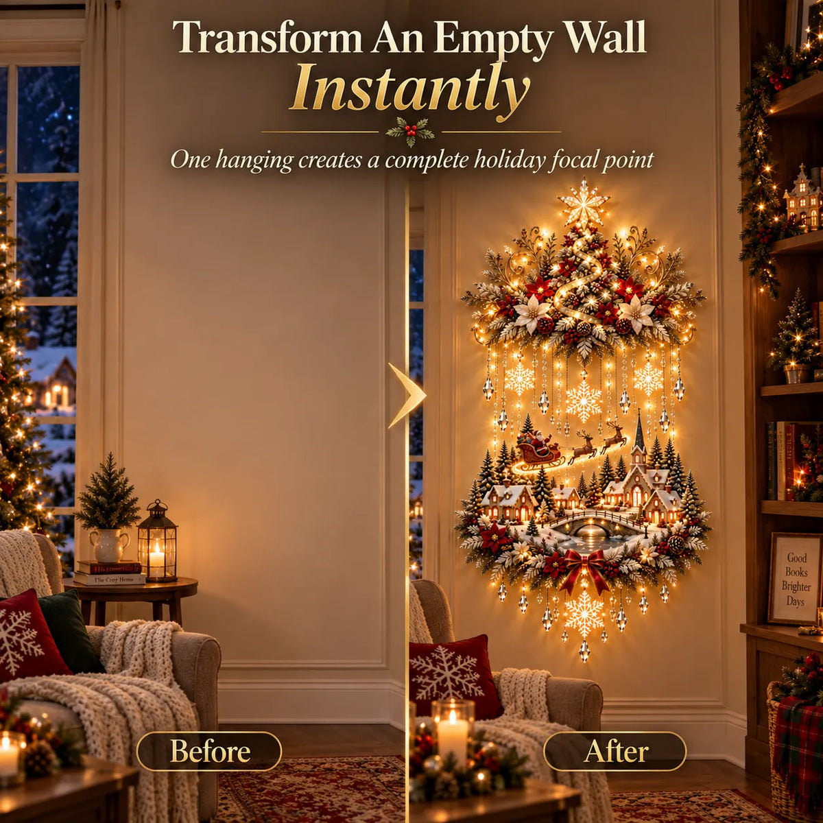 Sapin de Noël lumineux avec village – Décoration murale à cascade de lumières, 80 cm