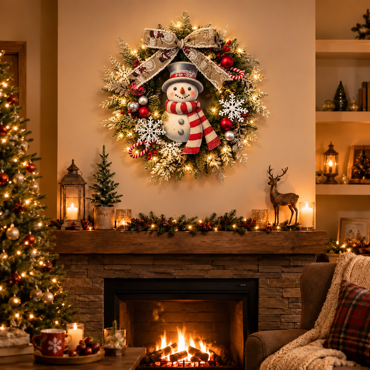 Couronne de Noël Lumineuse avec Bonhomme de Neige pour Porte et Intérieur