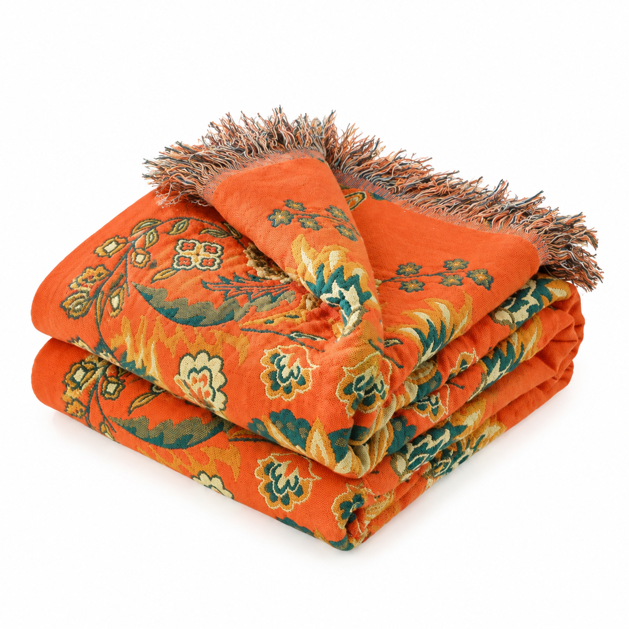 Couverture Réversible  Motif Floral Double Face Orange et Bleu Sarcelle