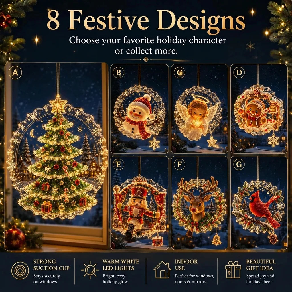 Décoration de fenêtre de Noël lumineuse avec ventouse, 8 motifs