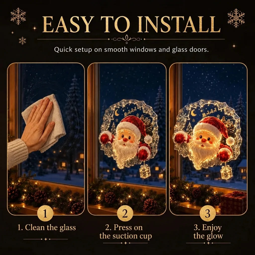 Décoration de fenêtre de Noël lumineuse avec ventouse, 8 motifs