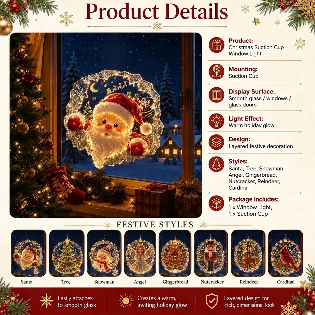 Décoration de fenêtre de Noël lumineuse avec ventouse, 8 motifs