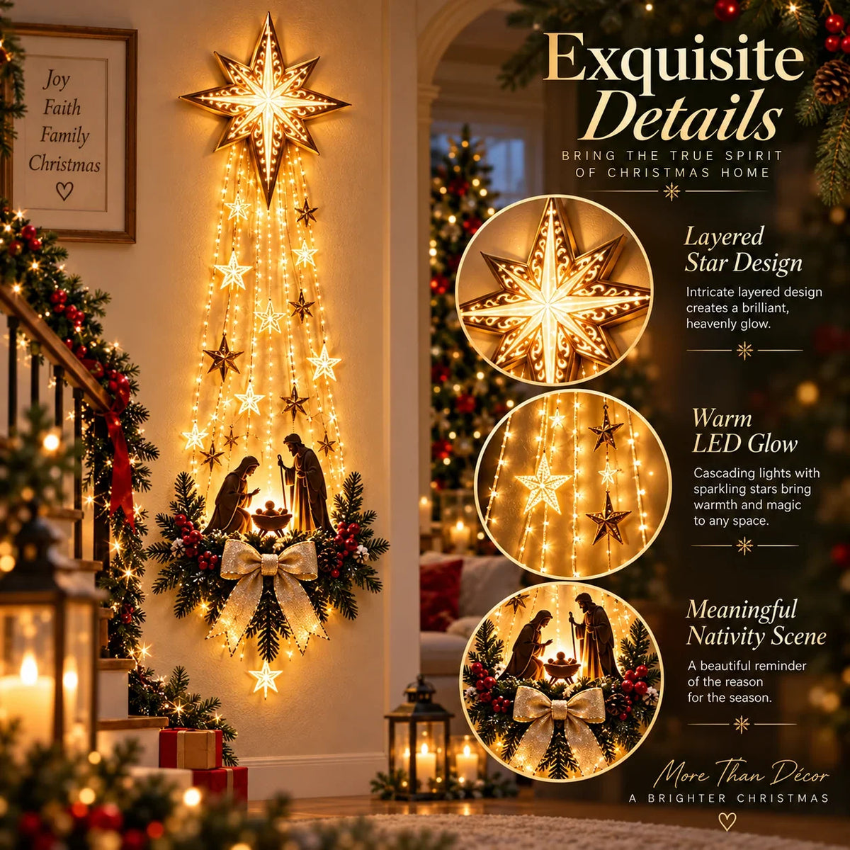 Décoration murale lumineuse crèche de Noël avec motif étoile