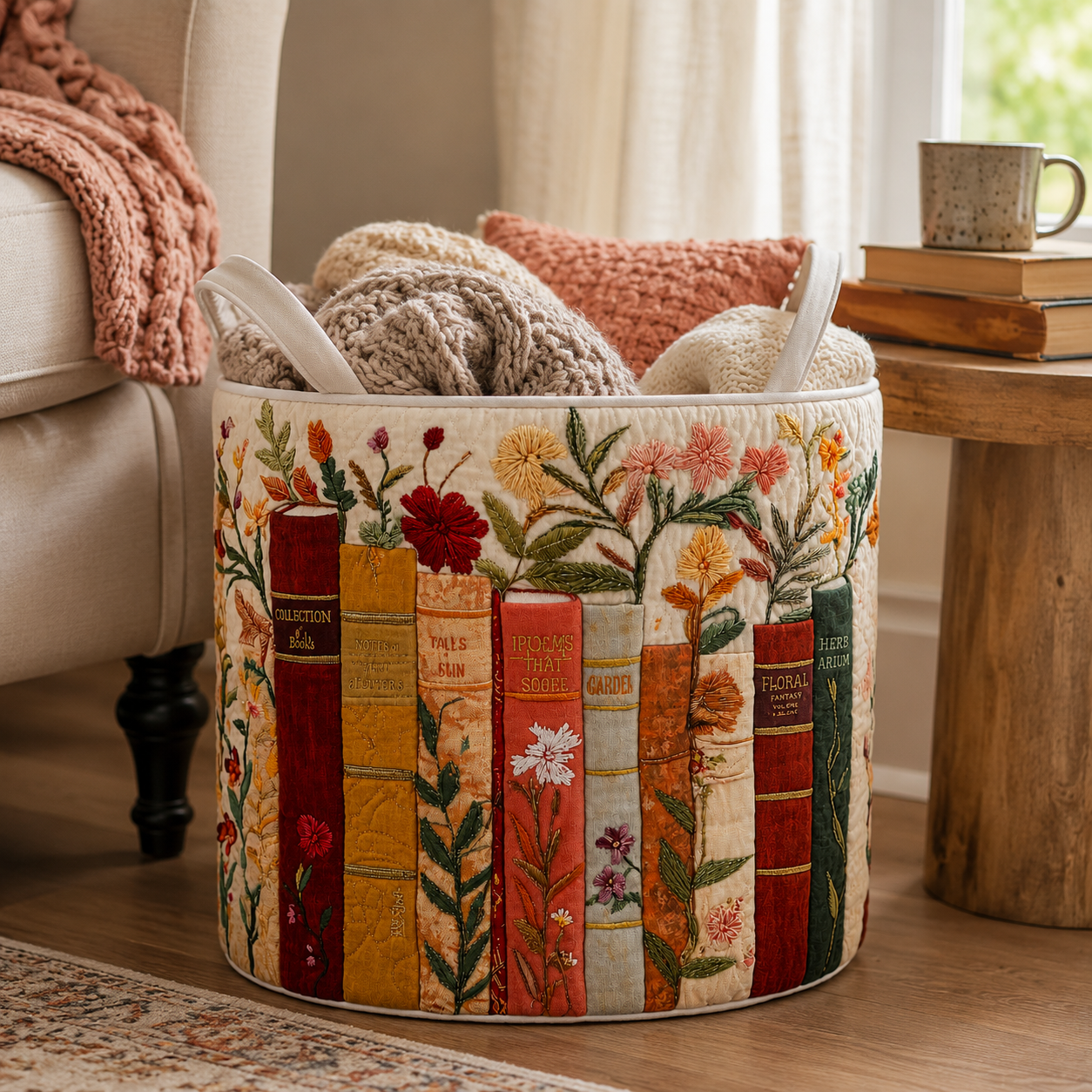 Panier à Linge Matelassé Coton-Polyester Beige 40 × 56 cm – Autoportant, Poignées Renforcées, Pliable