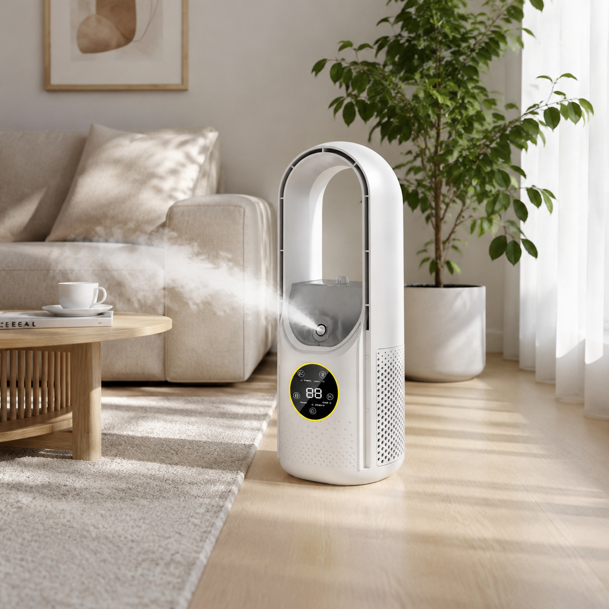 Ventilateur Climatiseur Portable Sans Pales ABS Blanc 30 cm – Humidification, 6 Vitesses, Minuterie