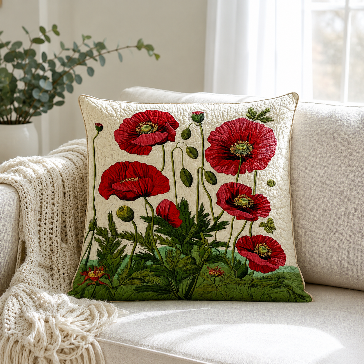 Taie d'Oreiller Florale Coton-Polyester Blanc 56 × 56 cm – Coquelicots Rouges, Fermeture Enveloppe, Lavable